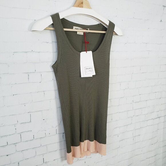 ZARA SRPLS Tank Top Size S Olive Green Pink Trim Ribbed Knit NEW Scoop Neck - Picture 2 of 7
